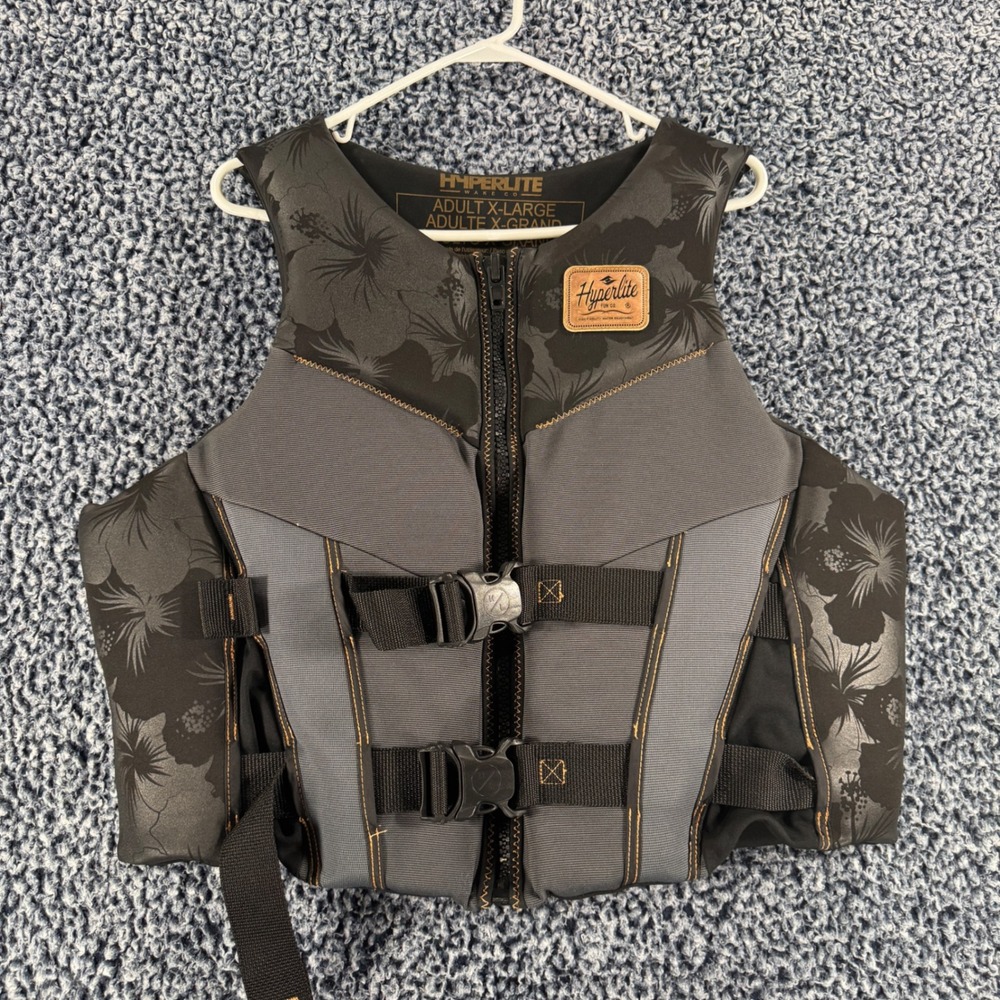 Hyperlite Wake Co Adult XL Life Vest Gray Black Hibiscus Floral Life Jacket PFD